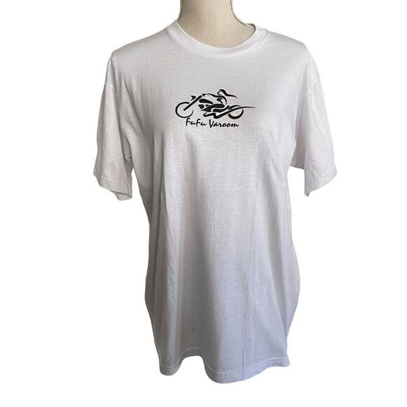VTG Women's Fu Fu Varoom Motorcycle White Tee Shirt Size Large - Picture 1 of 6